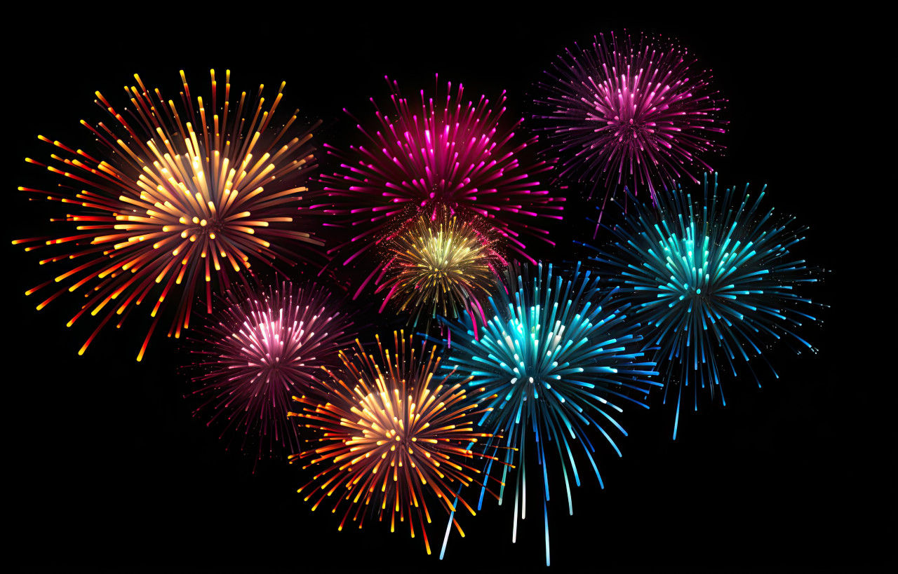 Colorful fireworks explode against a dark night sky