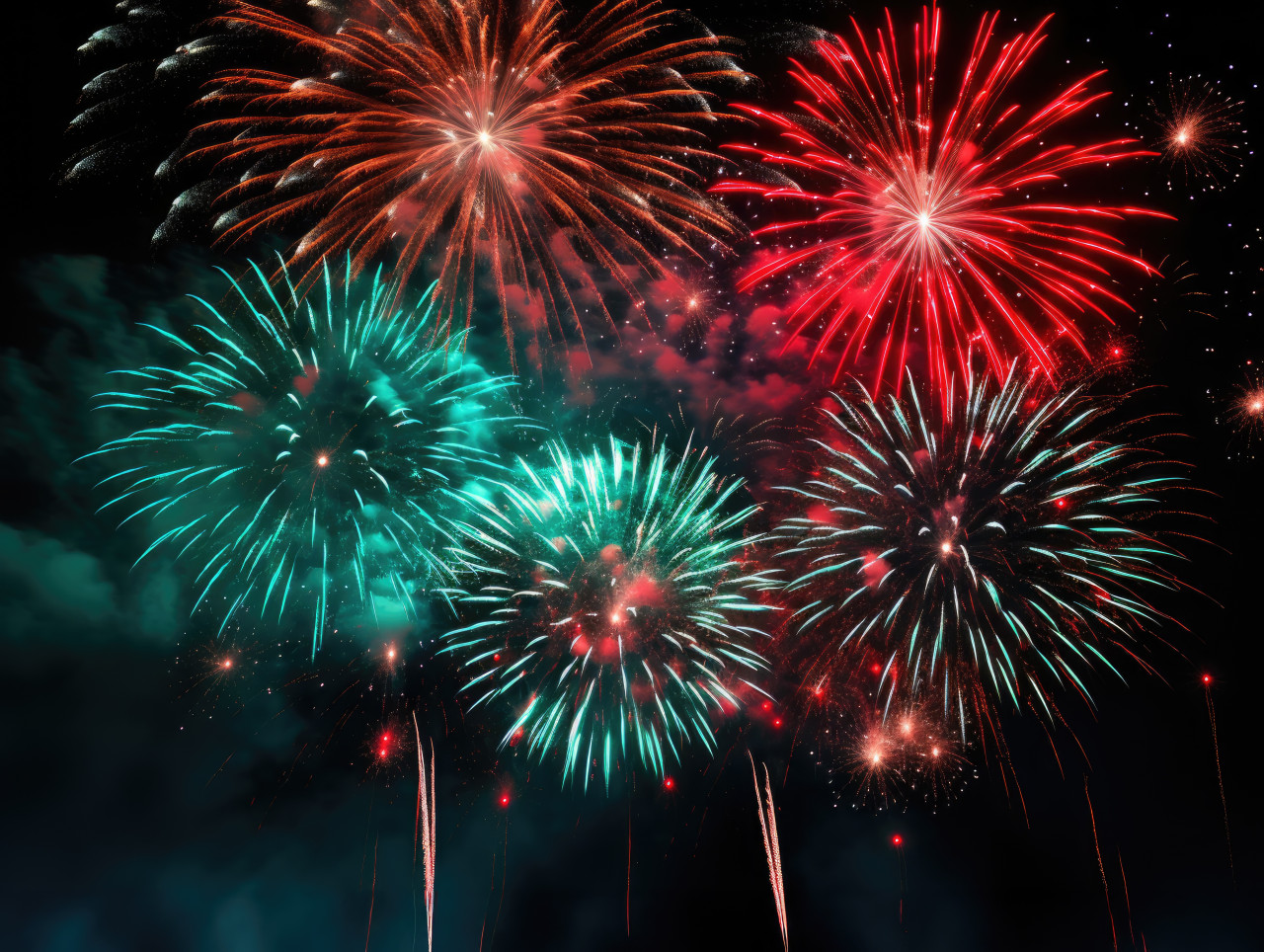 Colorful fireworks burst against the inky blackness of the night sky