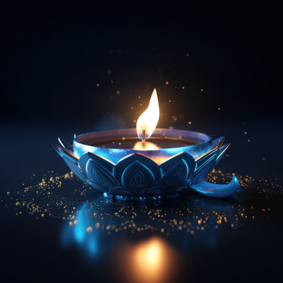 Blue diya candle glows softly against a dark backdrop