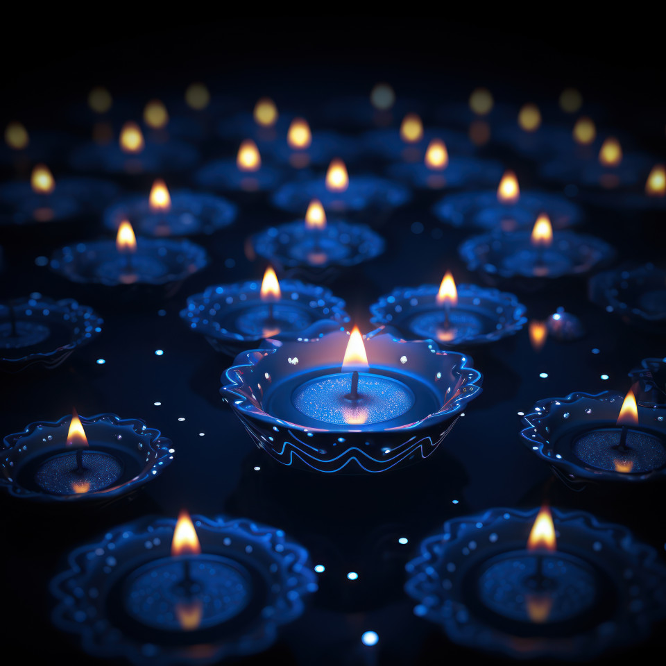 Blue diya design on a dark blue backdrop
