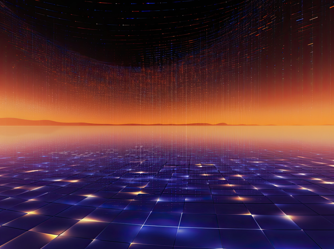 Abstract fractal light reflections on an orange and orange background with blue reflections