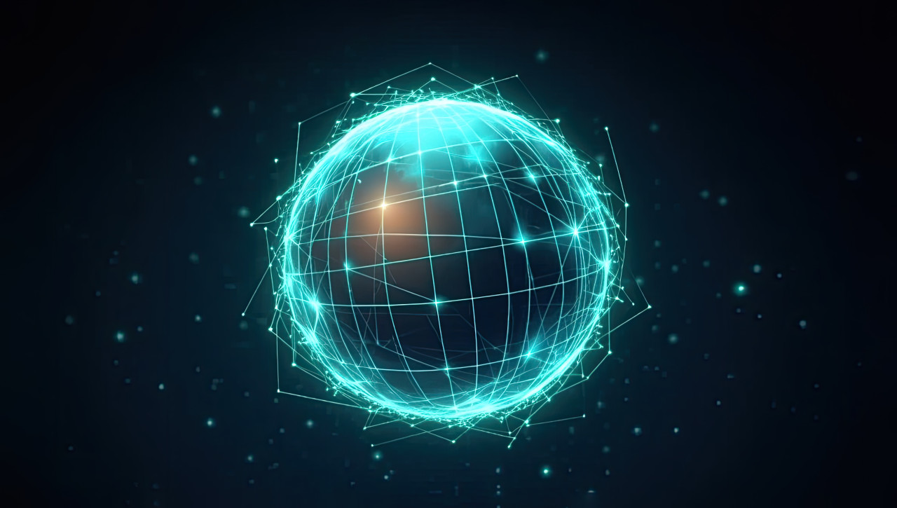 A blue globe with a star in the middle in an abstract footage