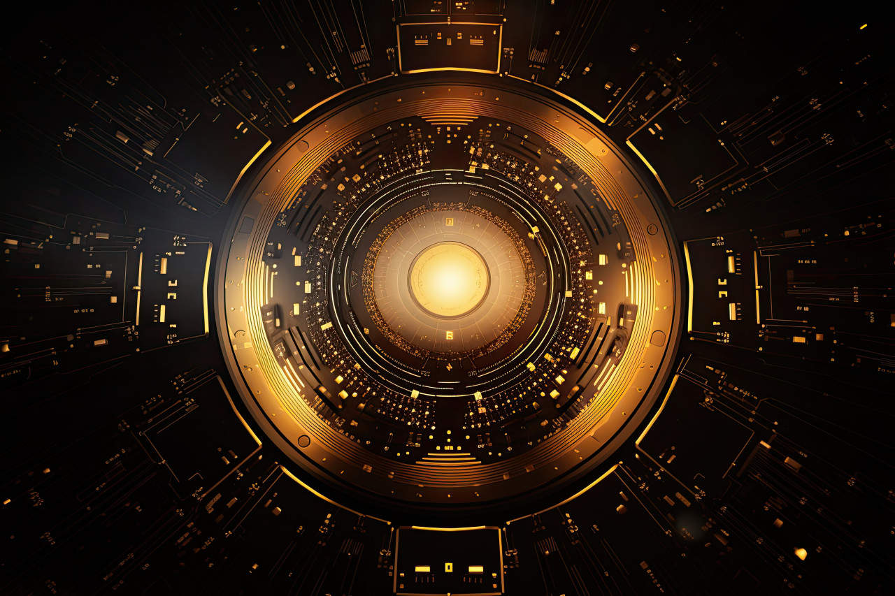 Circuit board background gold circle with led lights on black background