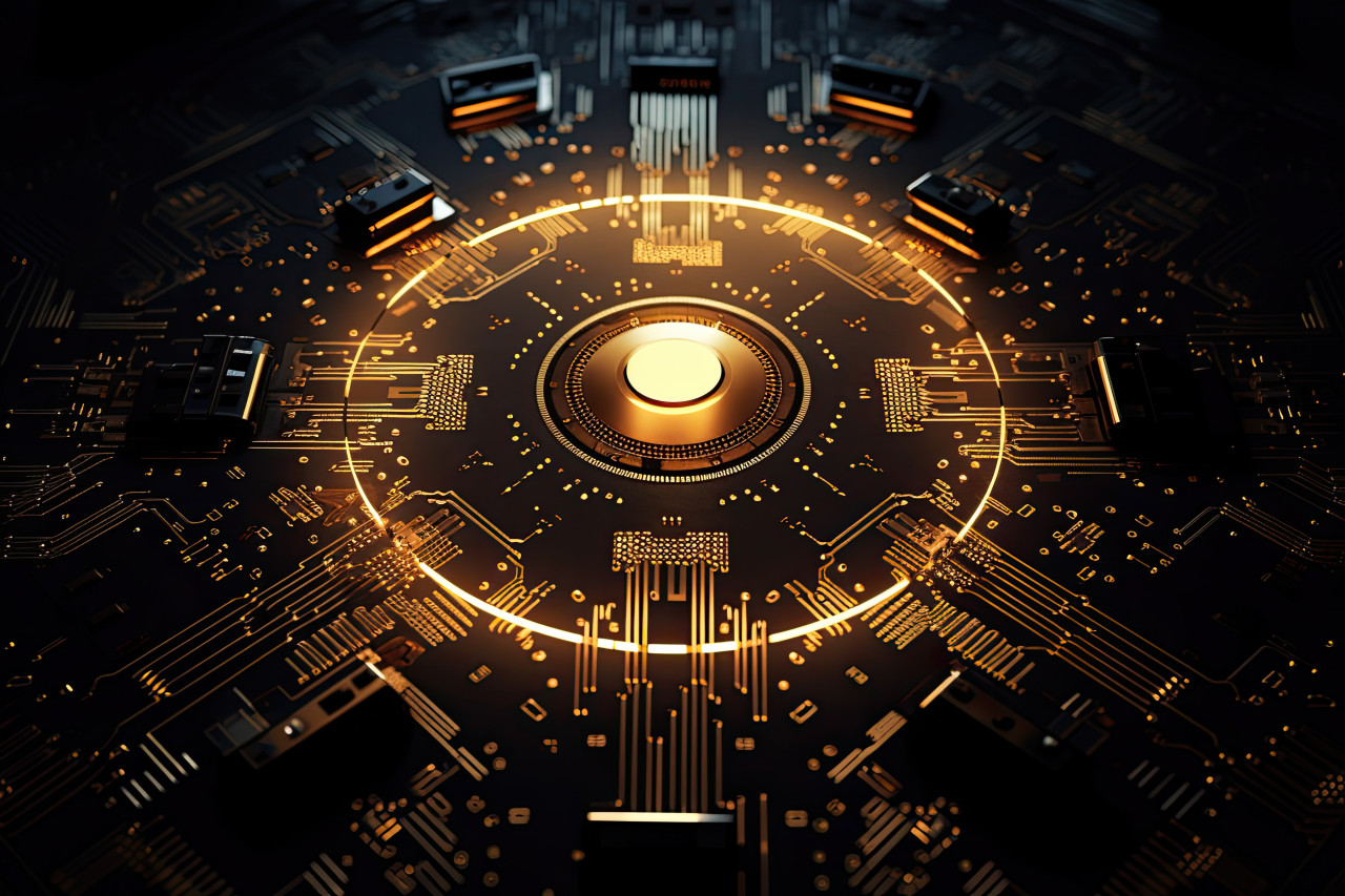 Circuit board background gold circle with led lights on black background