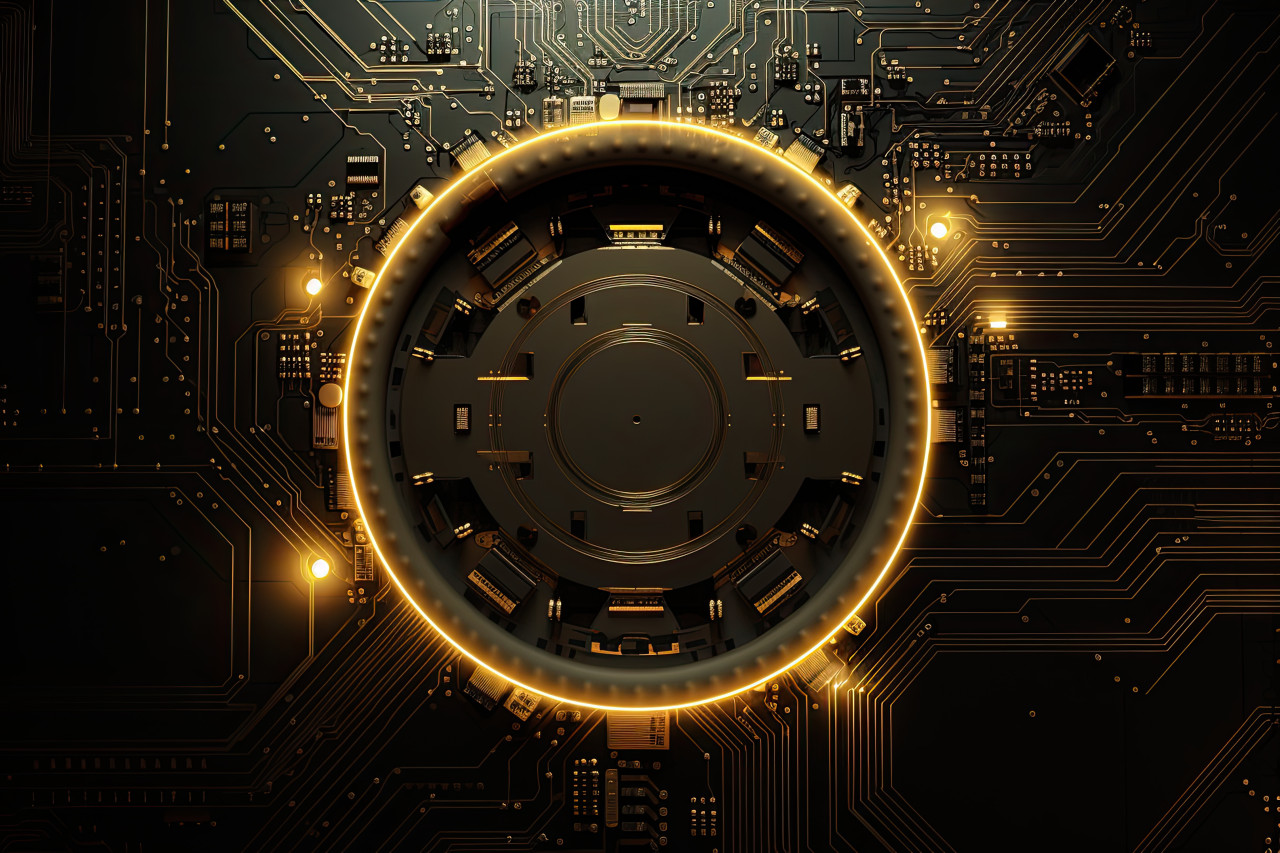 Circuit board background gold circle with led lights on black background