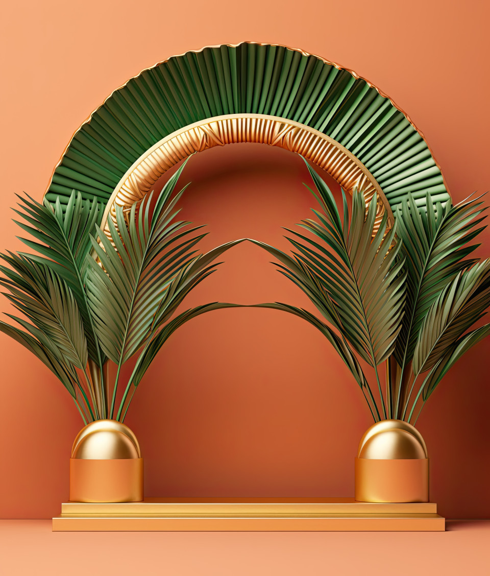A terracotta shell and palm leaves on a green background