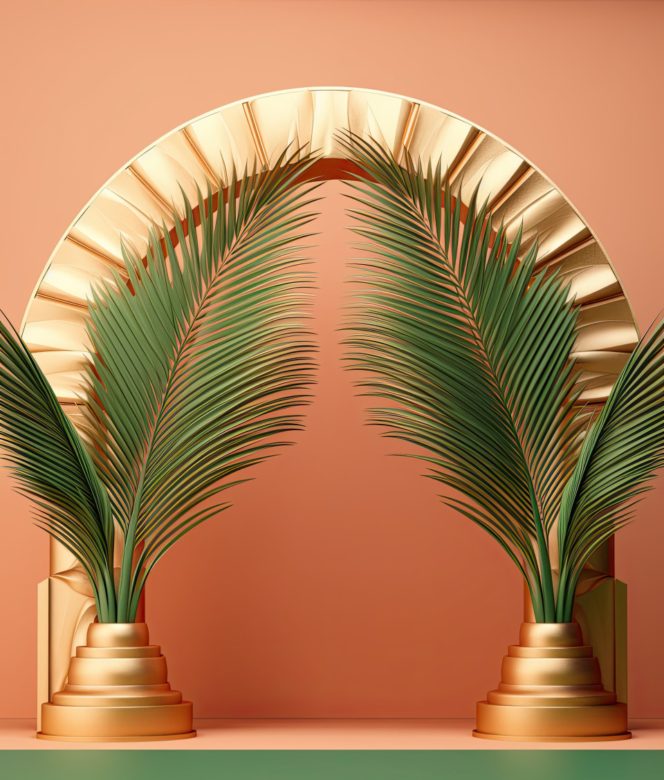 A terracotta shell and palm leaves on a green background