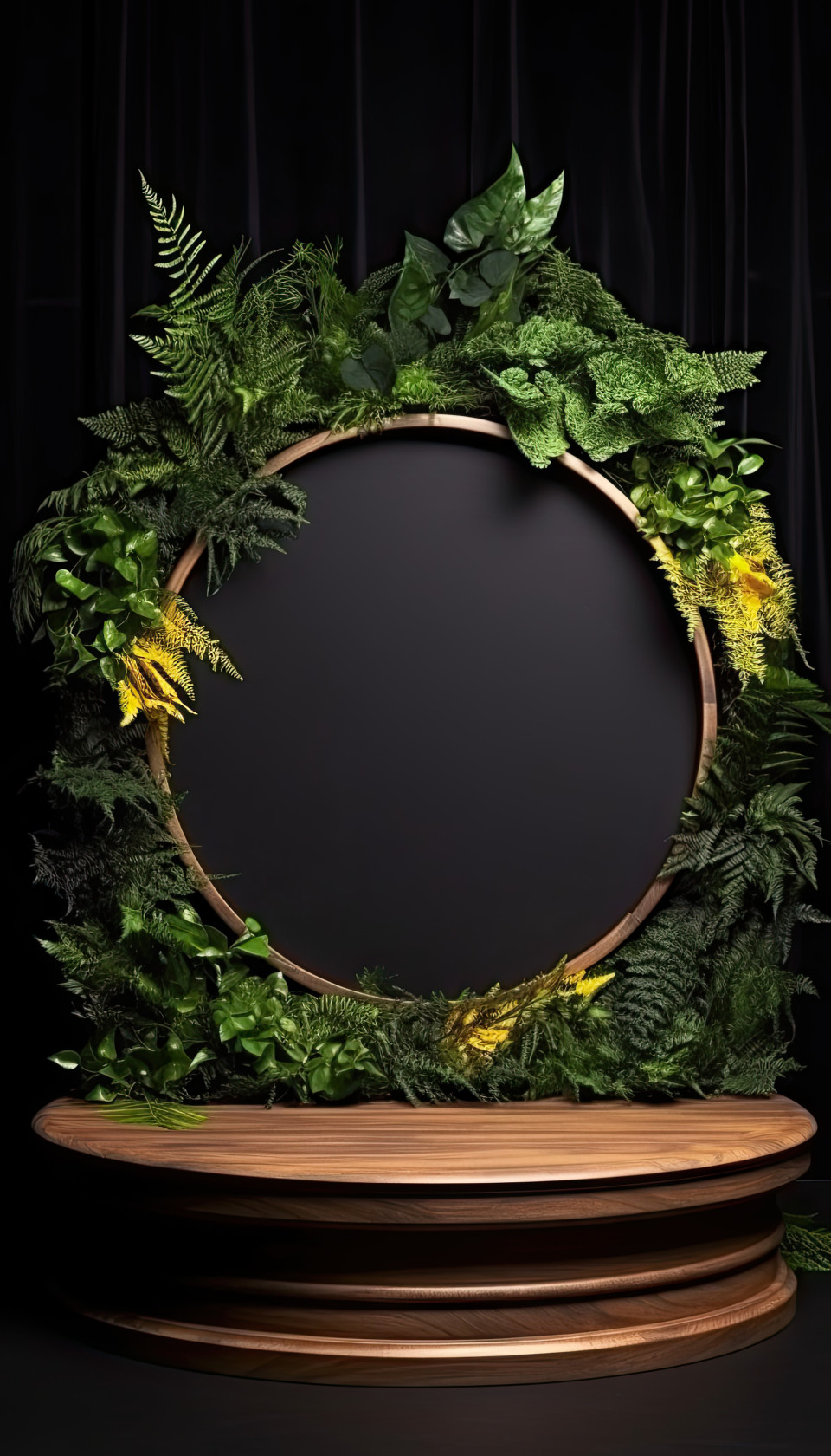 A wooden podium on a black background with tropical foliage