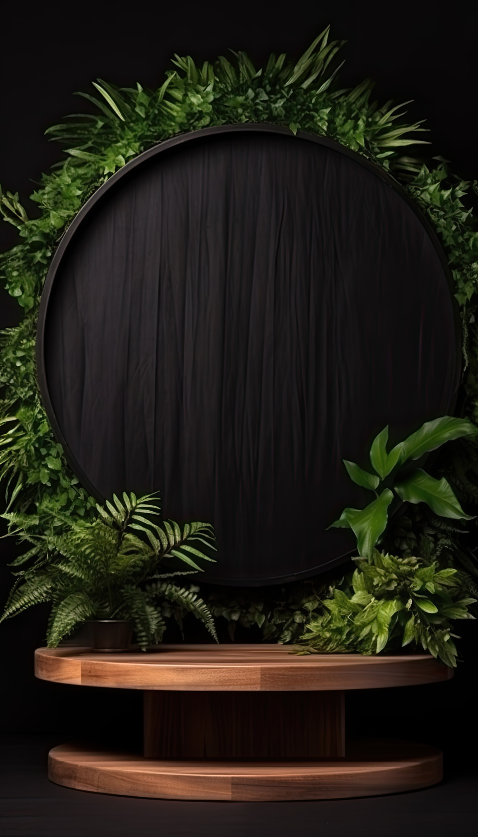 A wooden podium on a black background with tropical foliage