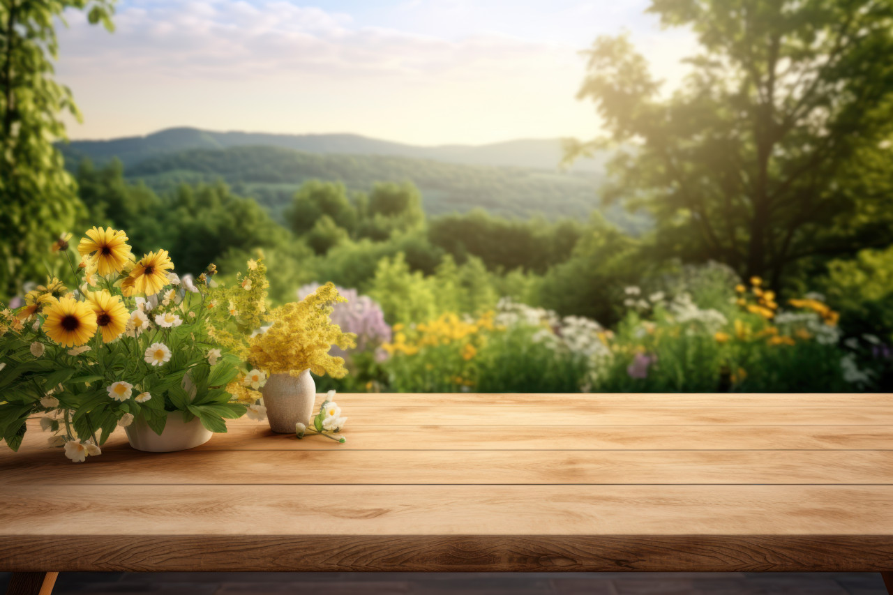 A wooden table with a lush background