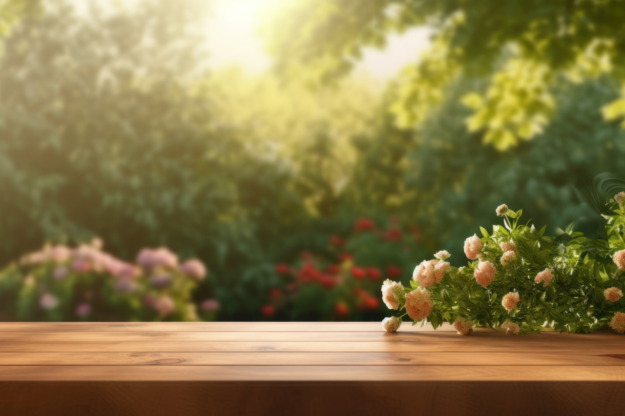 A wooden table with a lush background
