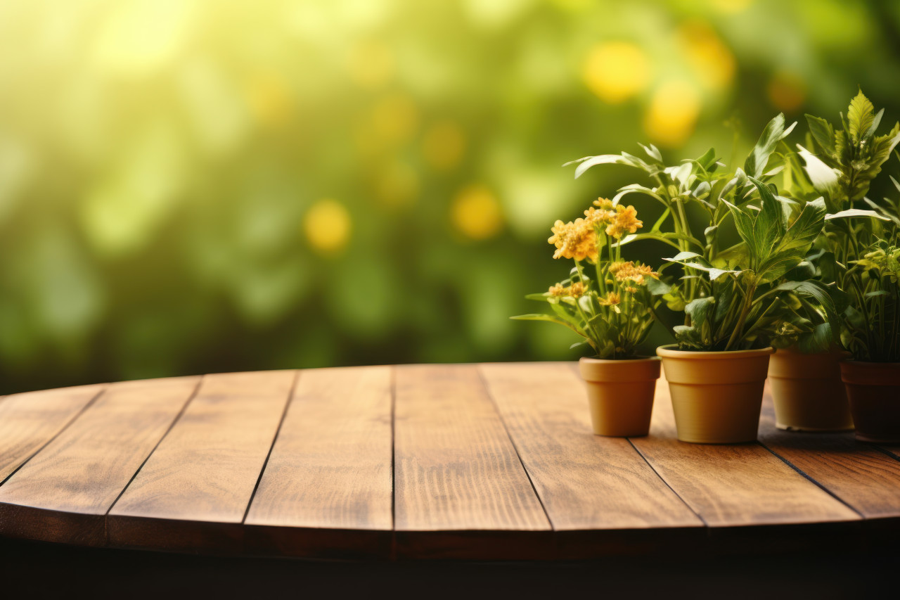 An image of an empty wooden table on a wooden tabletop outside