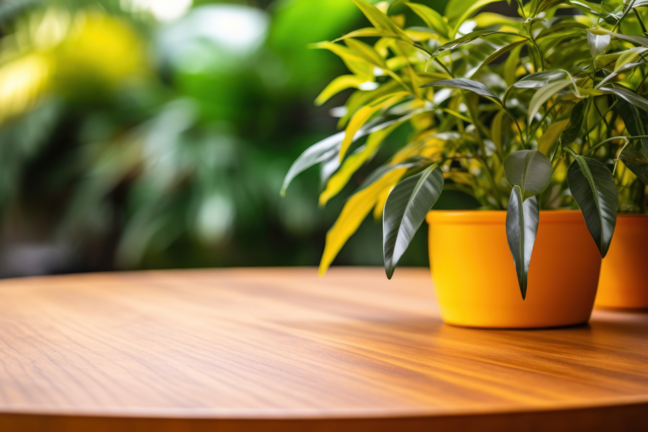 A wooden table with plants and trees