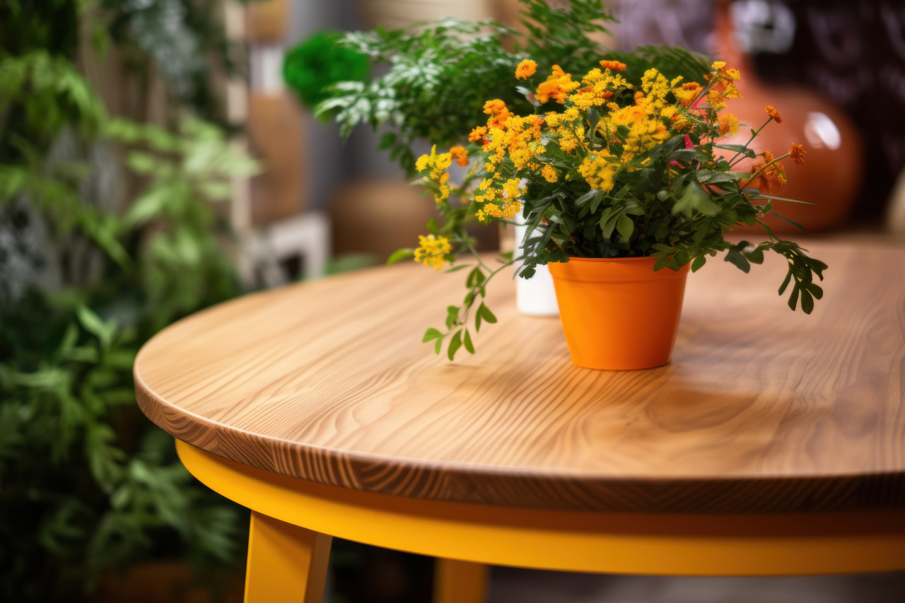 A wooden table with plants and trees