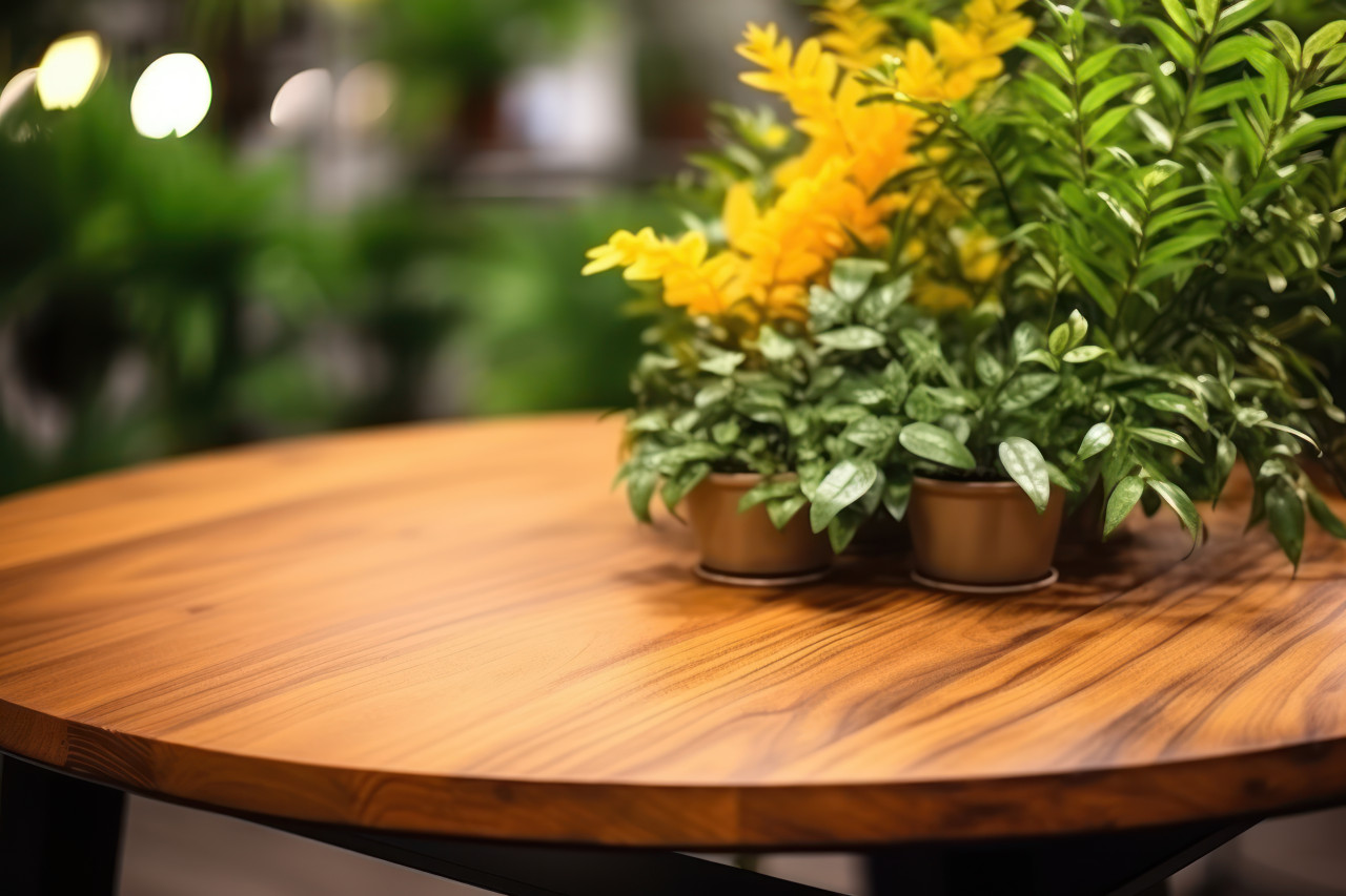 A wooden table with plants and trees
