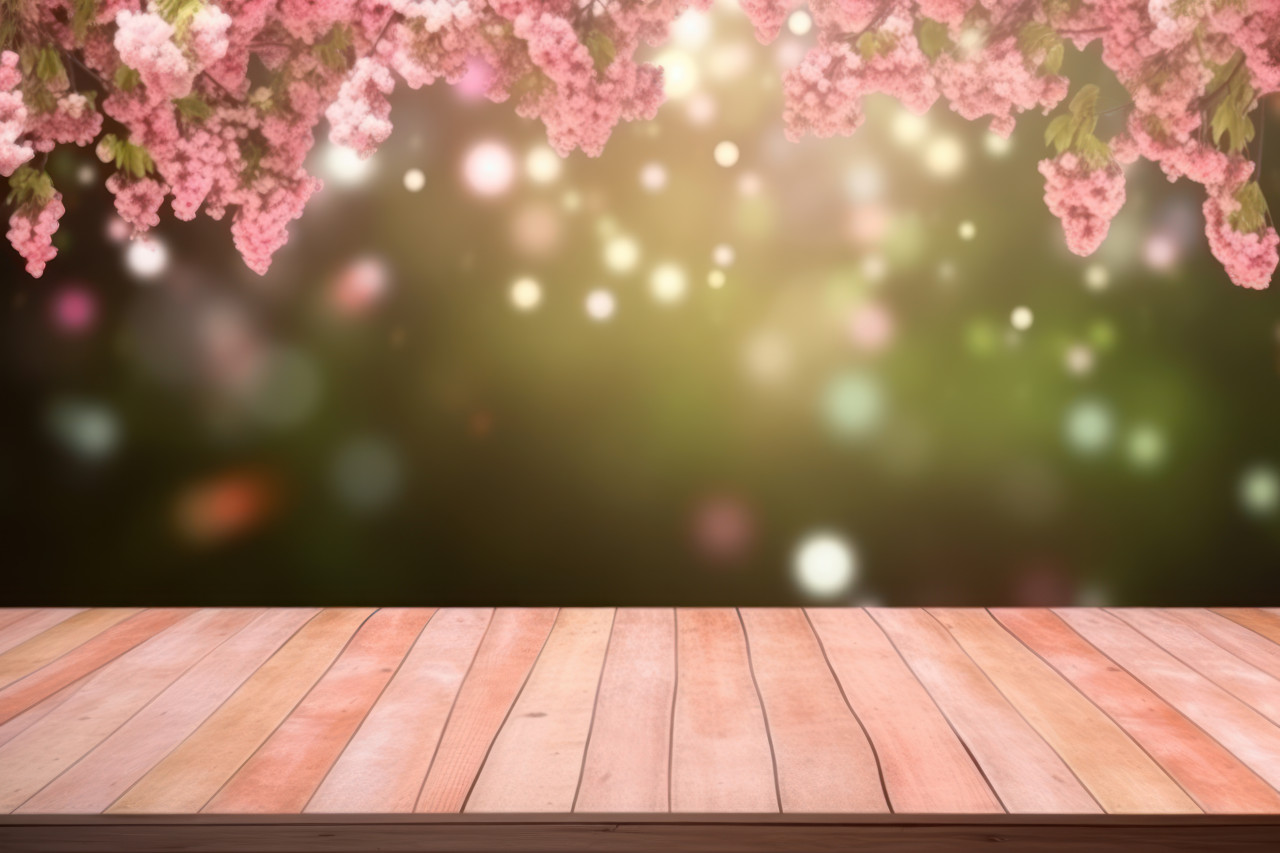 A deck wood frame and tree at springtime