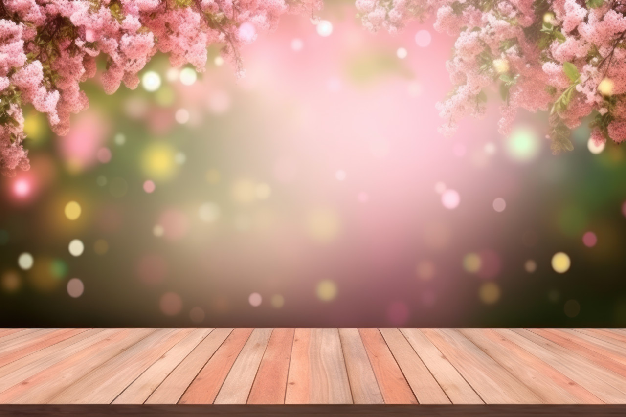 A deck wood frame and tree at springtime