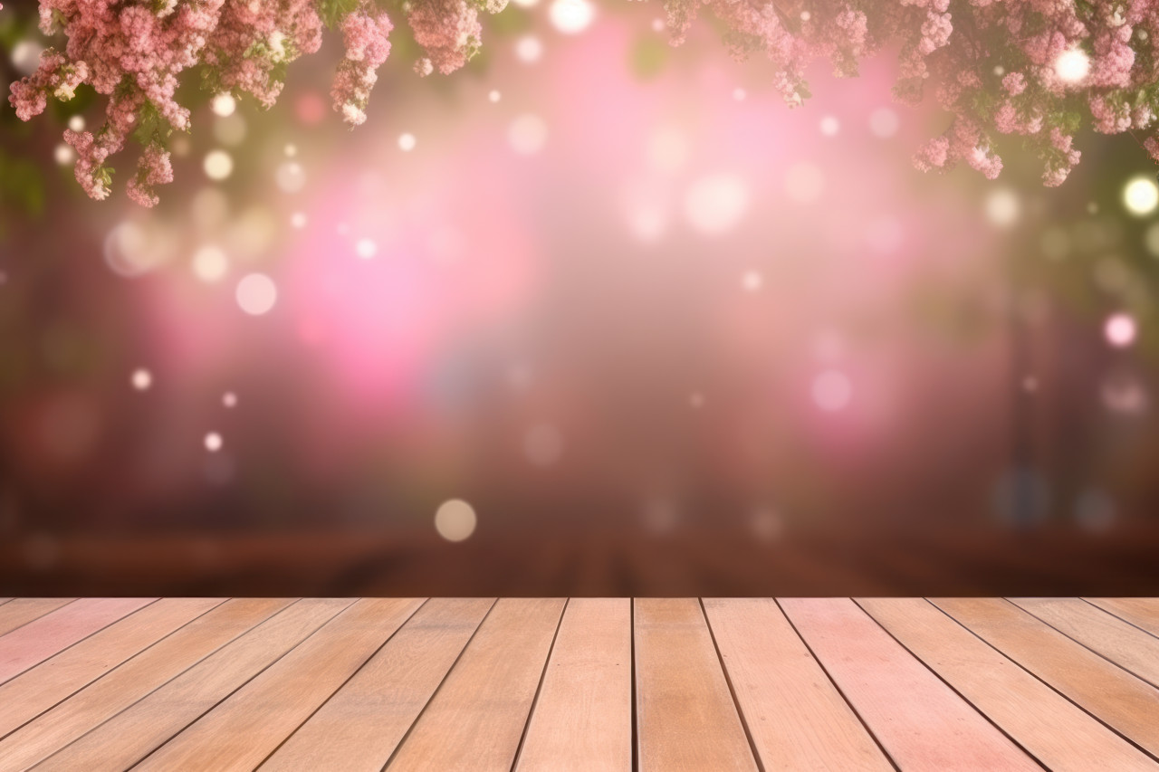 A deck wood frame and tree at springtime