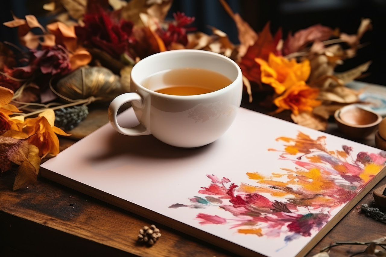 Artist at work surrounded by fallen leaves and a cozy cup of tea