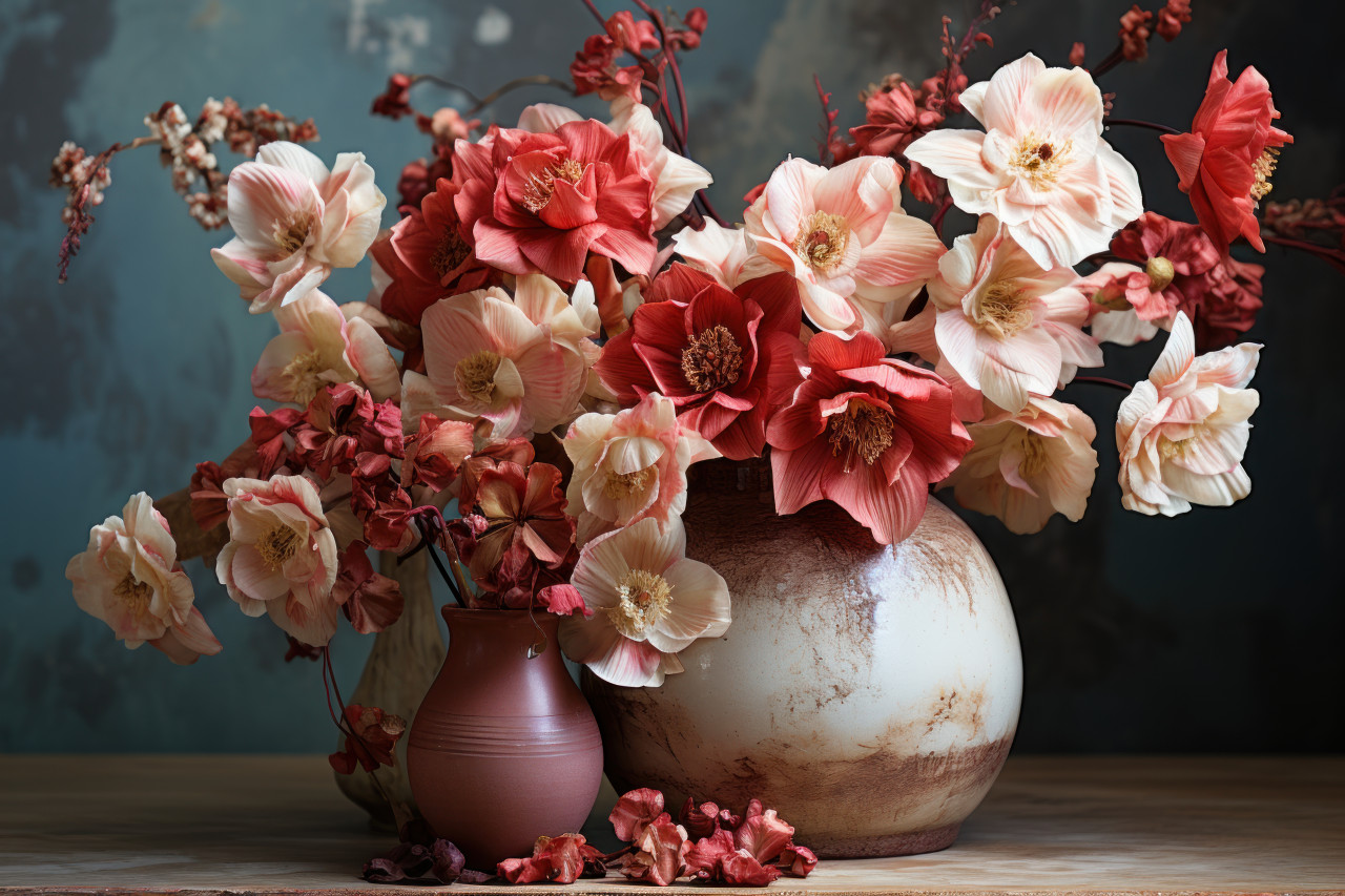 Vintage vase adorned with vibrant winter flowers like amaryllis and roses for a warm and festive touch