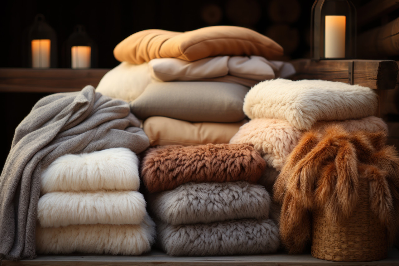 Knitted blankets fluffy pillows and fuzzy socks on a wooden surface with play of light and shadows