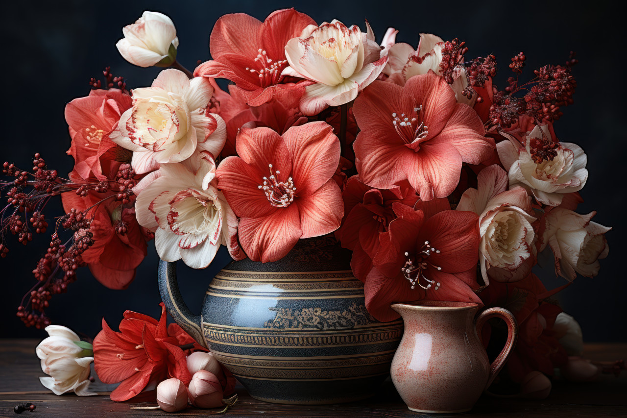 Seasonal warmth captured in a bouquet of winter roses and amaryllis arranged in an elegant vintage vase
