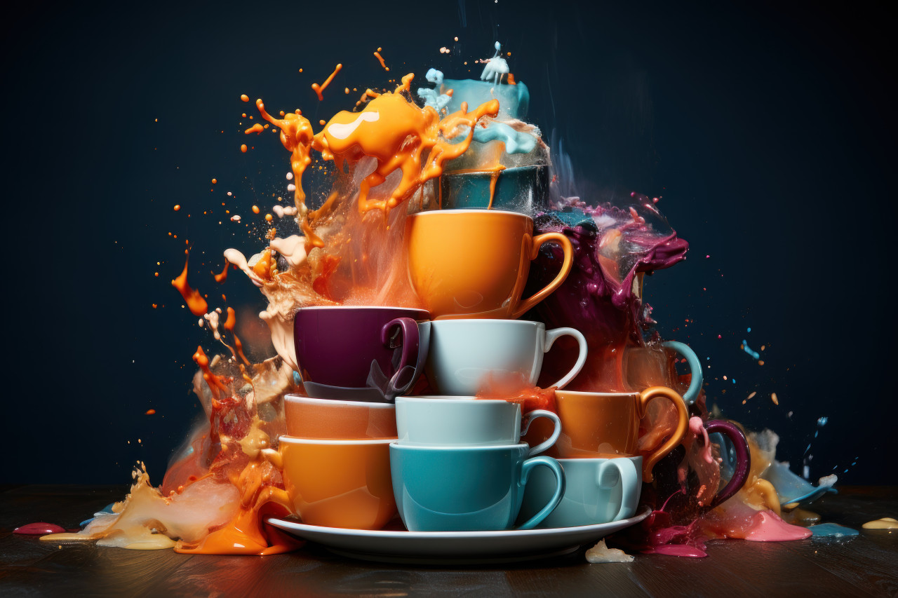 A visually appealing arrangement of colorful mugs, each brimming with a steaming drink