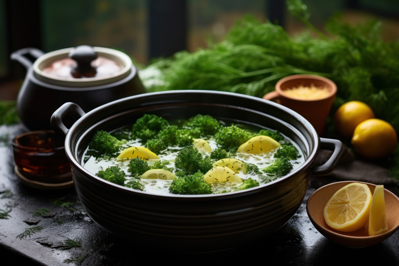 Close up of a bowl of hot soup with raindrops in the background