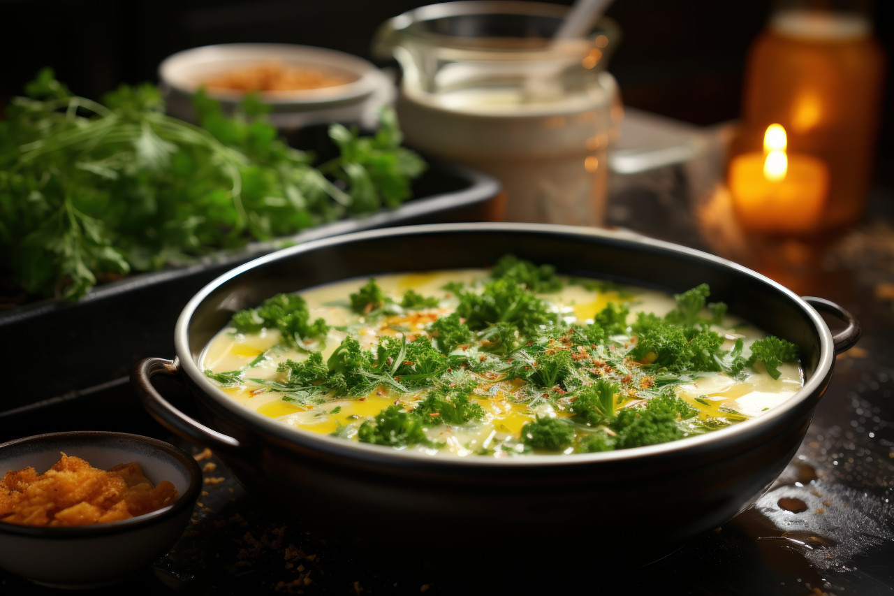 Steaming soup on a rainy window backdrop