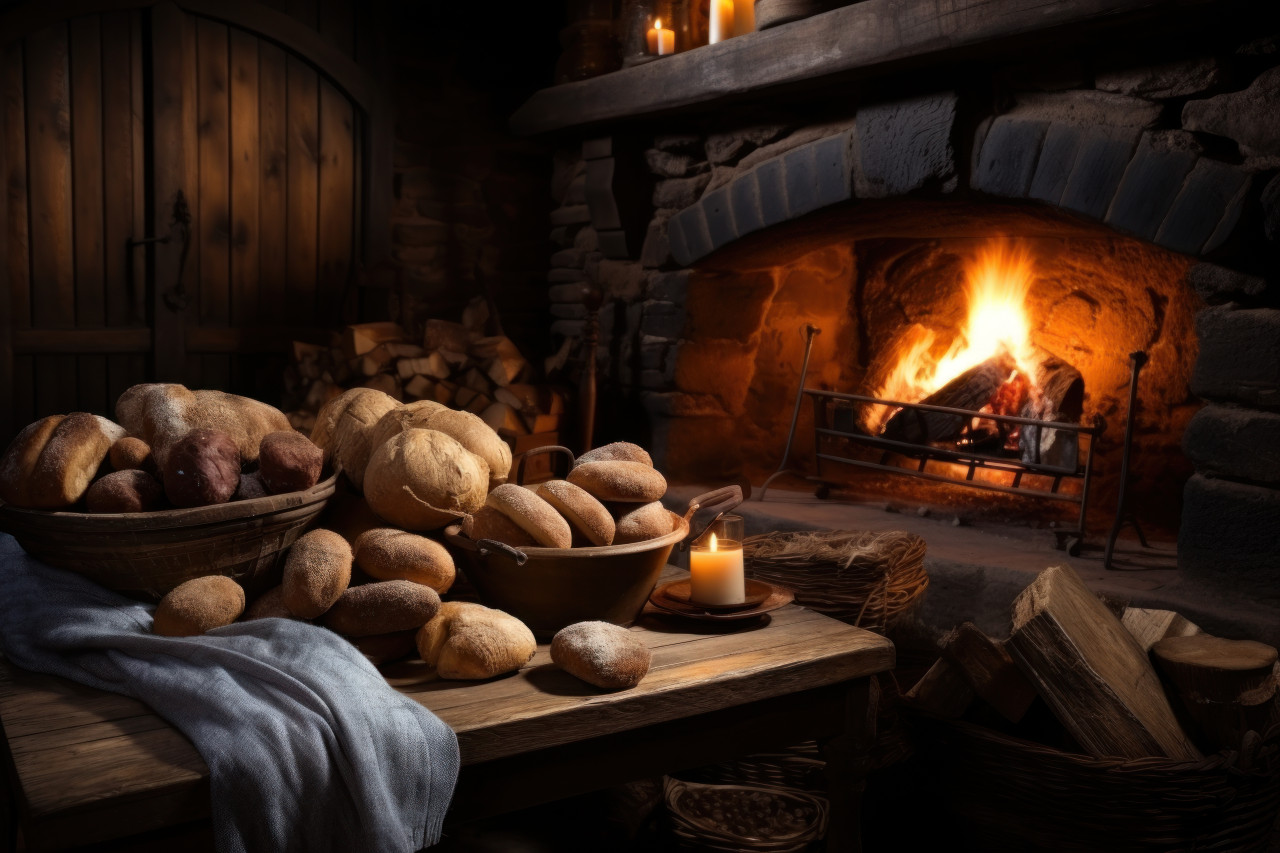 A comforting scene of a fireplace and hearth capturing the essence of fresh bread