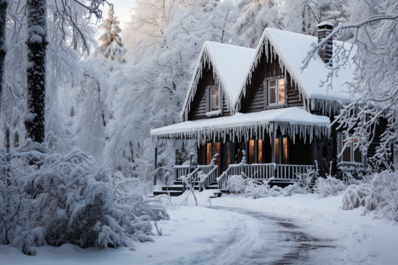 Cabin amidst pristine snowy landscape