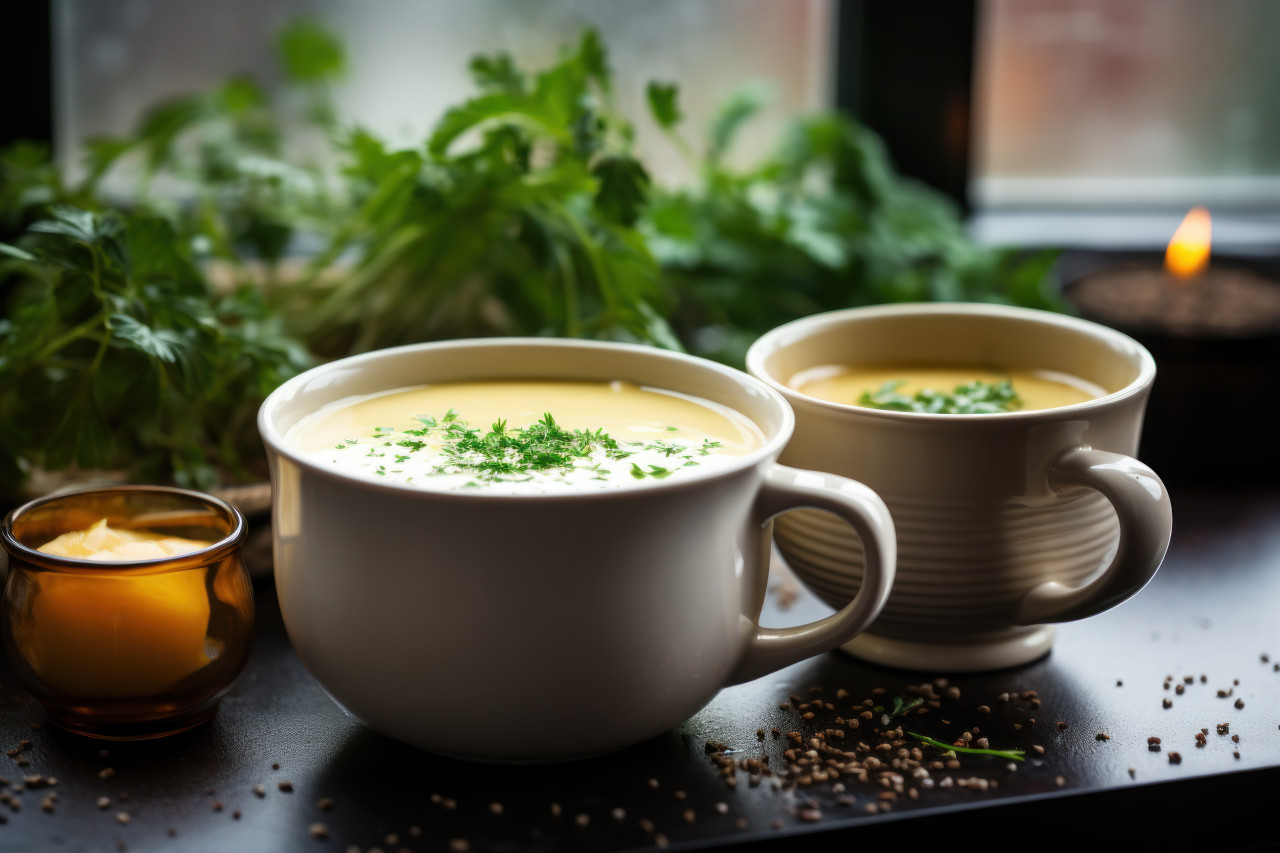 A steaming bowl of soup on a rainy windowsill