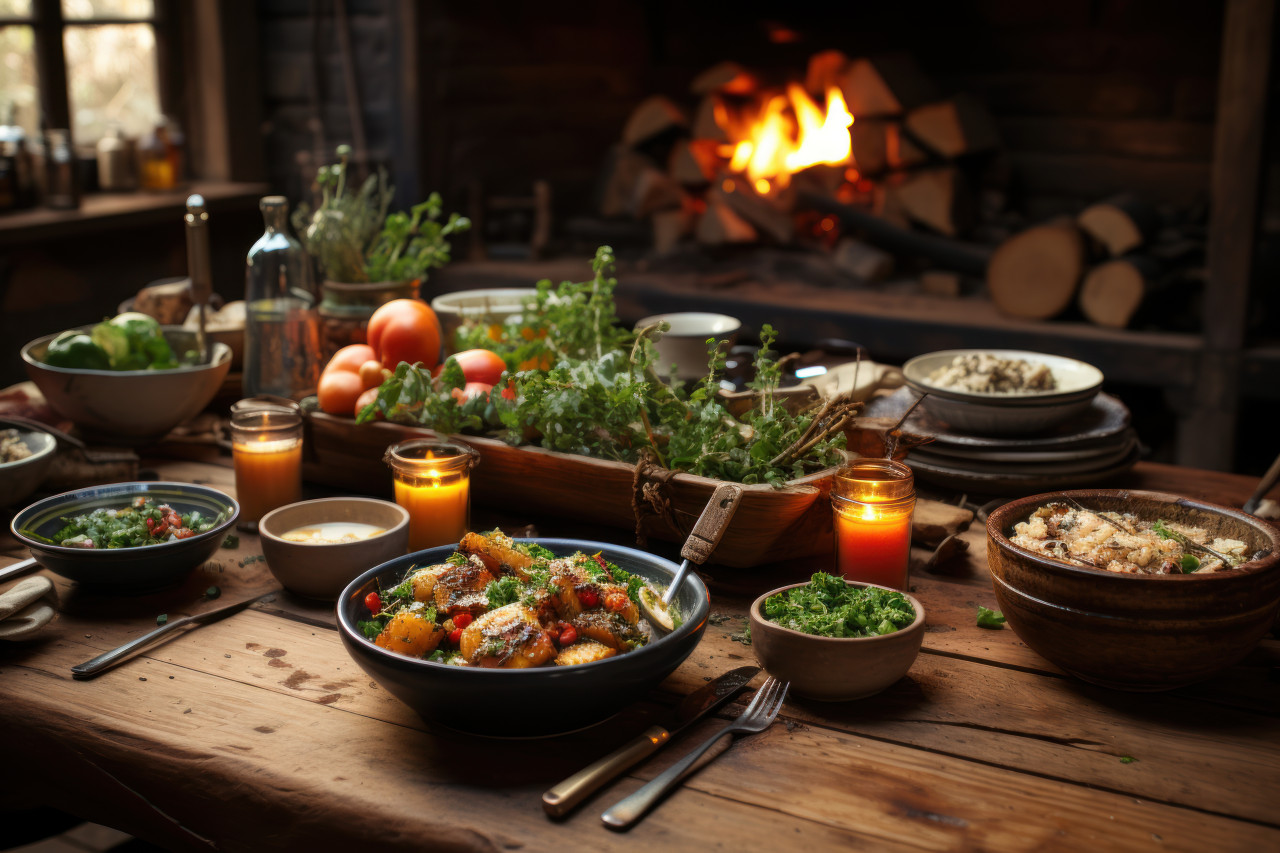 A rustic feast in a cabin: earthy tableware and a pot of simmering soup