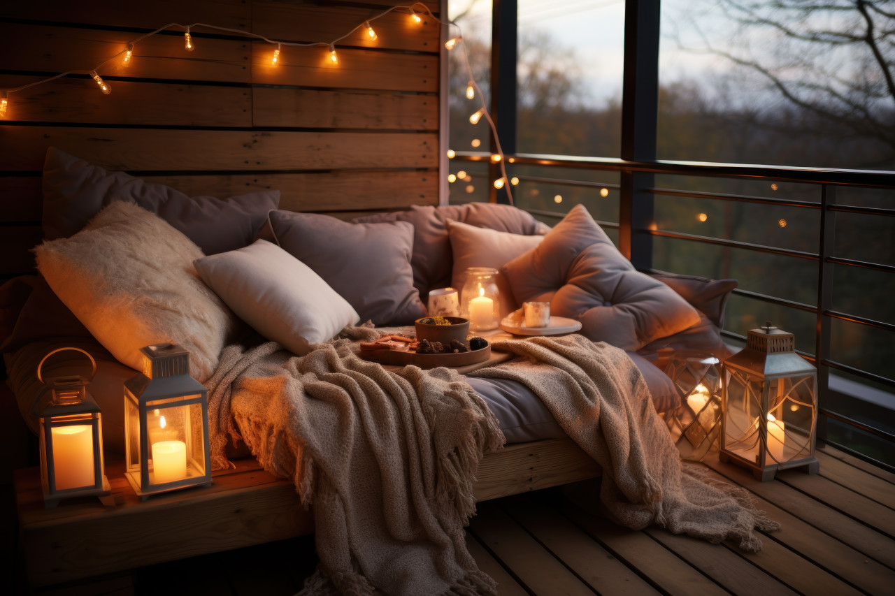 Experience the comfort of a cozy balcony oasis with blankets cushions, and ambient lighting
