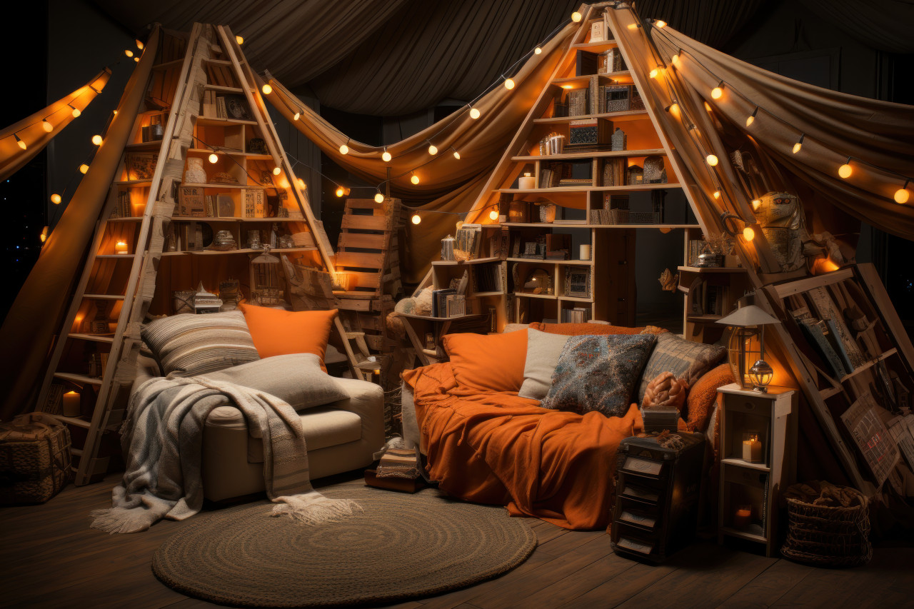 Blanket fort with cozy lighting, cushions, and flashlight