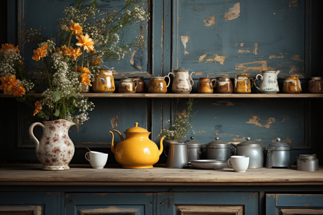 Warm and inviting tea corner with a variety of loose teas vintage teapots and delicate cups in soft natural light