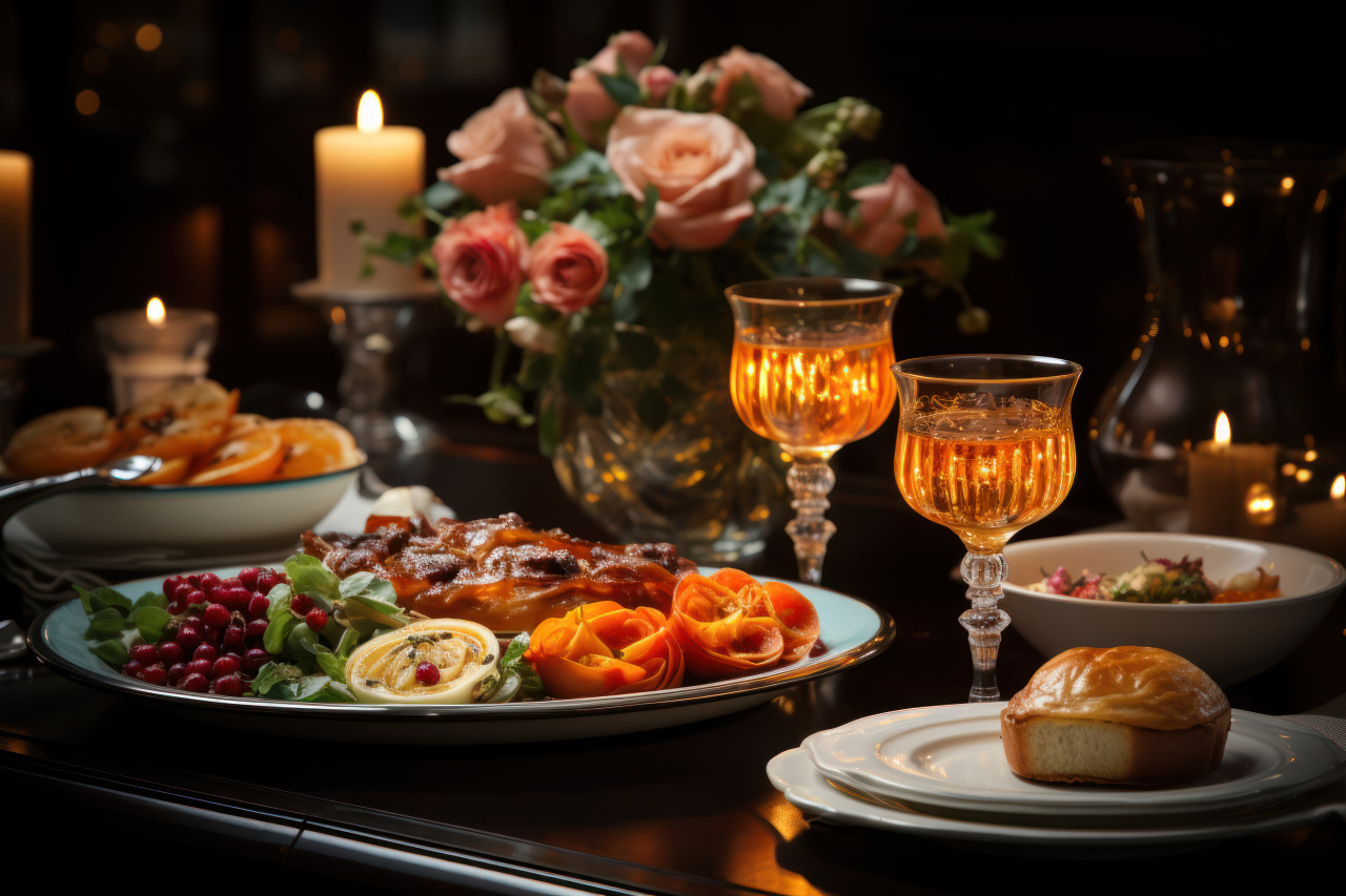 An elegant table adorned with exquisite dishes and festive decor