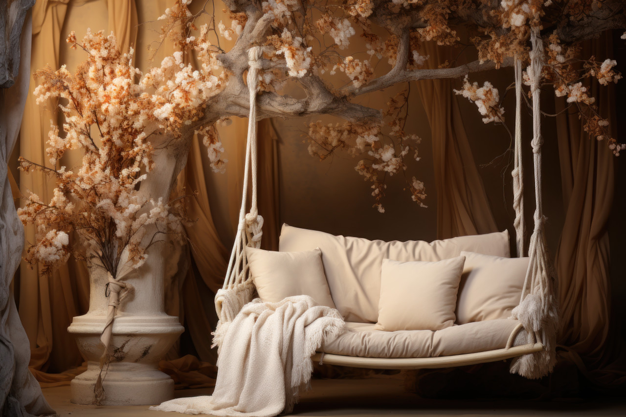 A swing with a thick wool blanket, offering peaceful moments under the tree