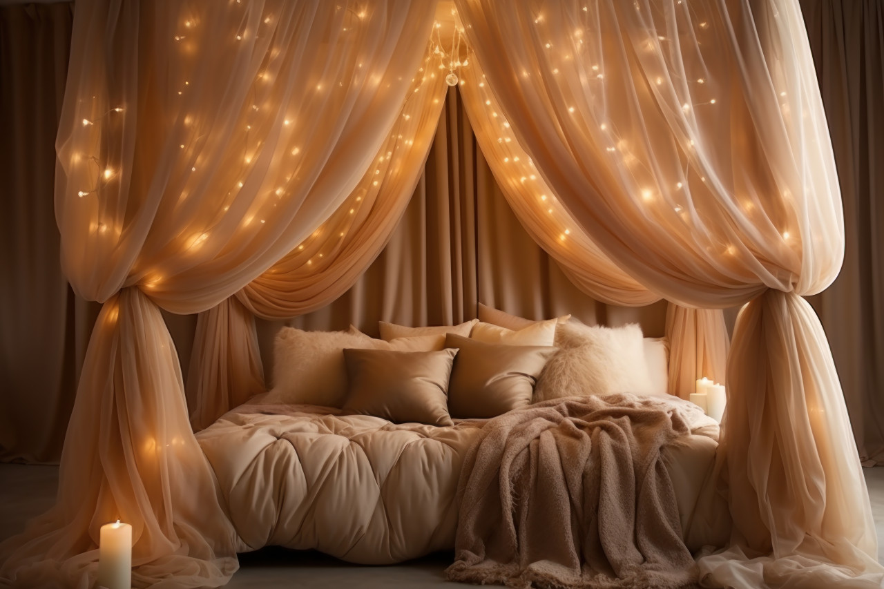 Tranquil canopy bed chamber with soft fabrics and subdued illumination