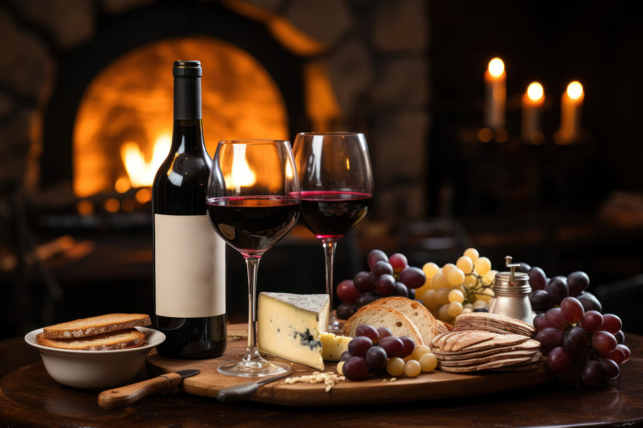 A romantic evening by the fire with wine glasses and a sumptuous cheese platter