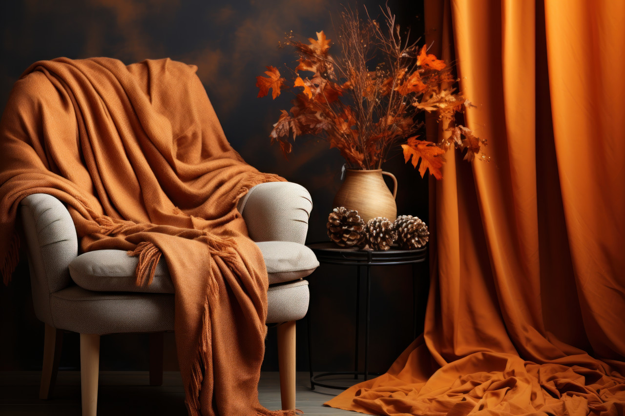 A chair draped with a cozy throw, accented with acorns and leaves
