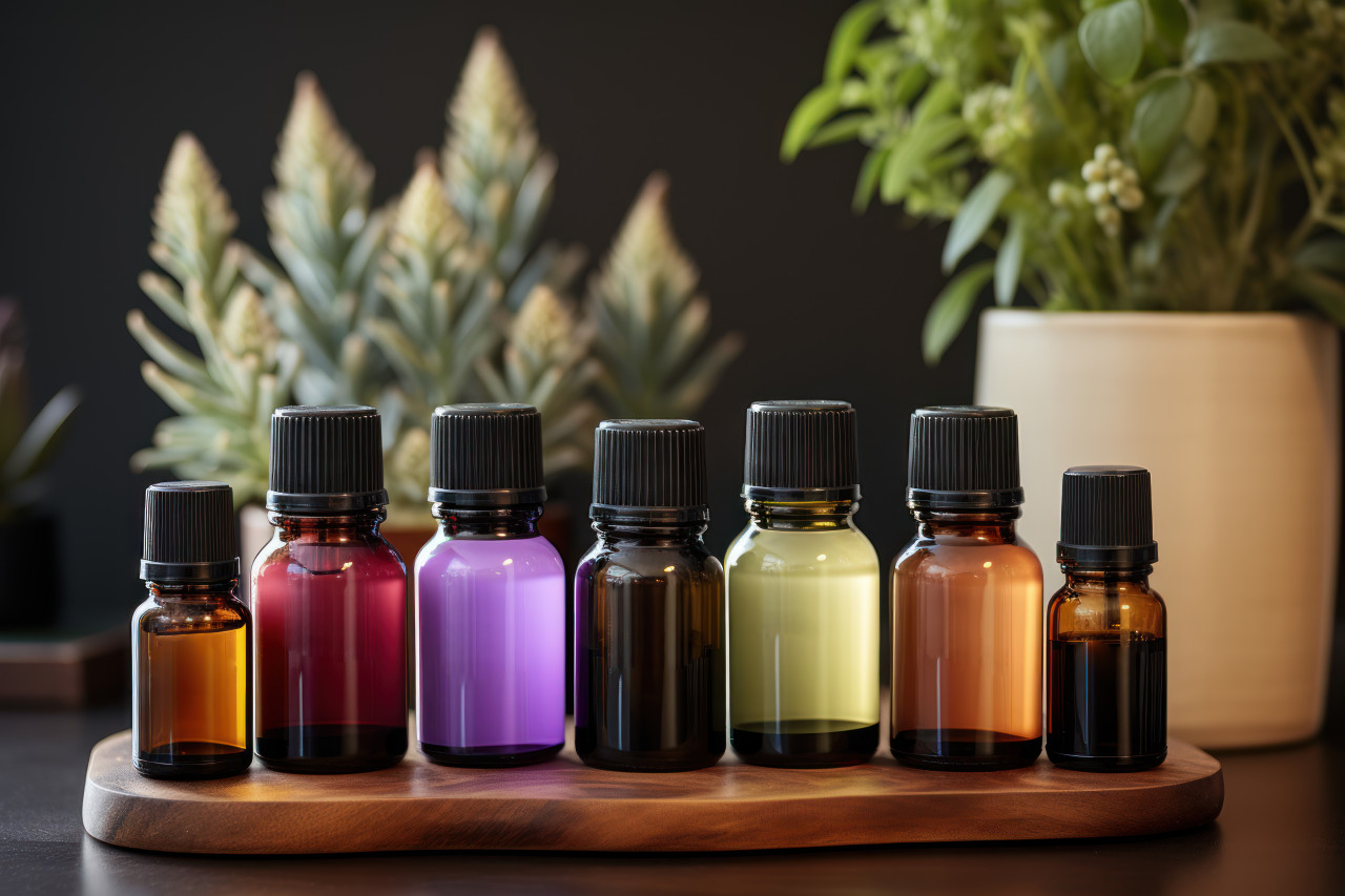 A display of calming essential oils diffusing gently