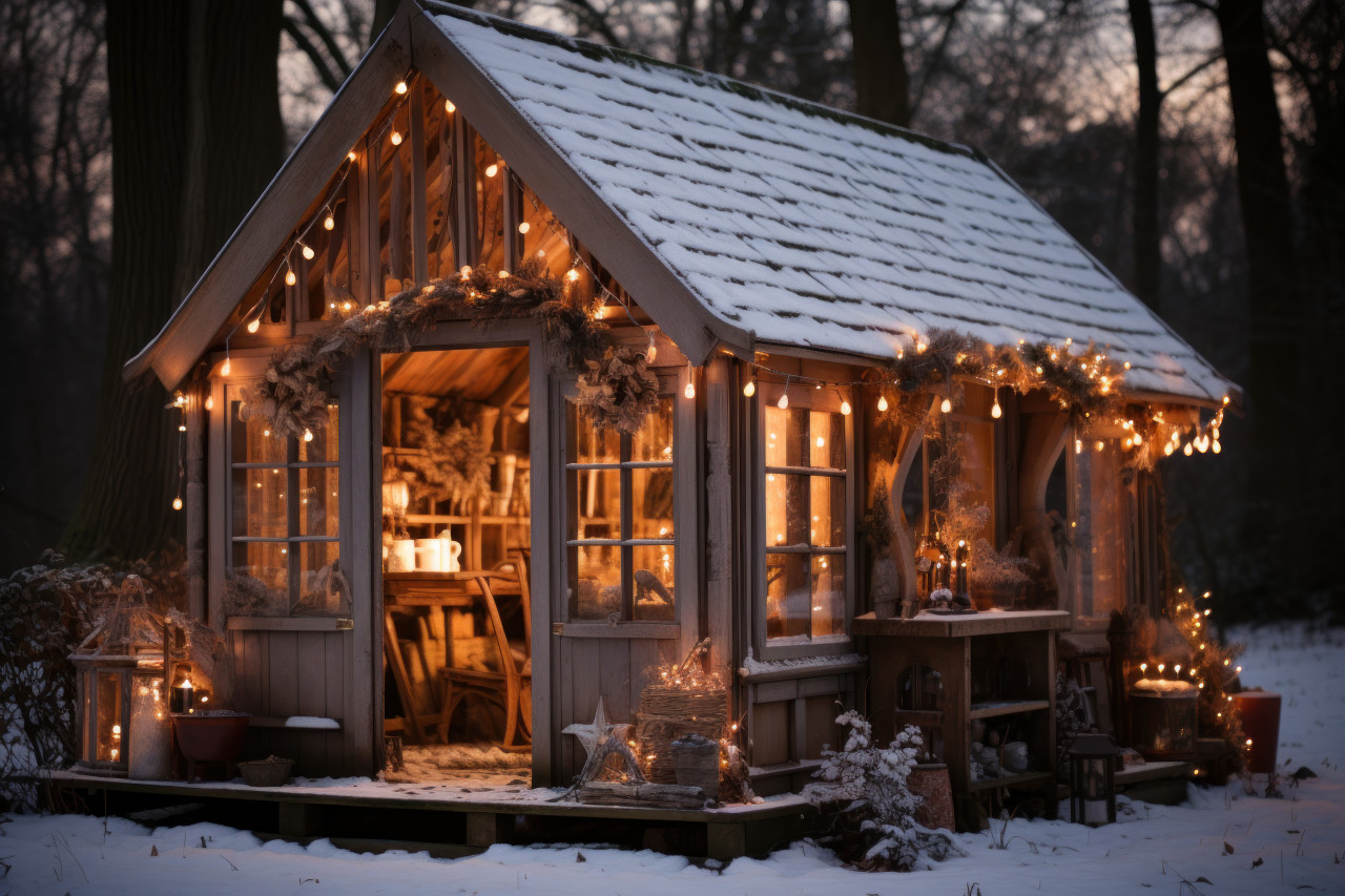 Serene snow covered cabin with an inviting interior glow