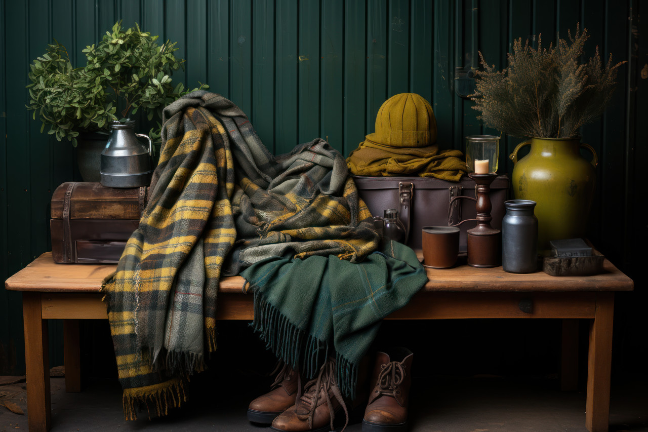 Bench arrangement of scarves gloves and thermos