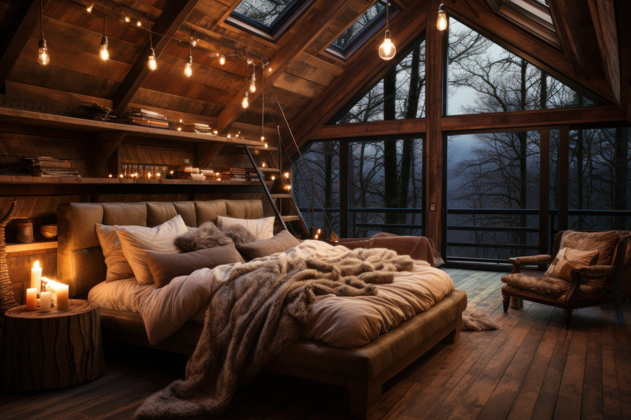 A cabin bedroom with plush bed and snowy vista