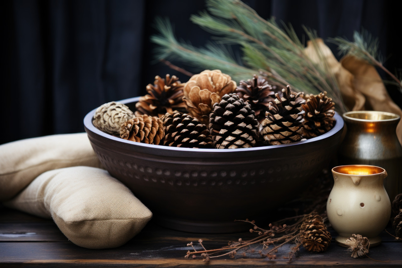 A decorative bowl filled with aromatically scented pine cones