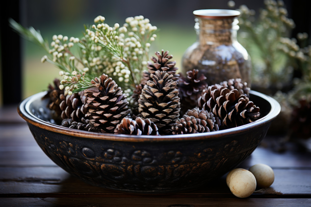 Pine cones infused with aromatic oils in a beautiful bowl