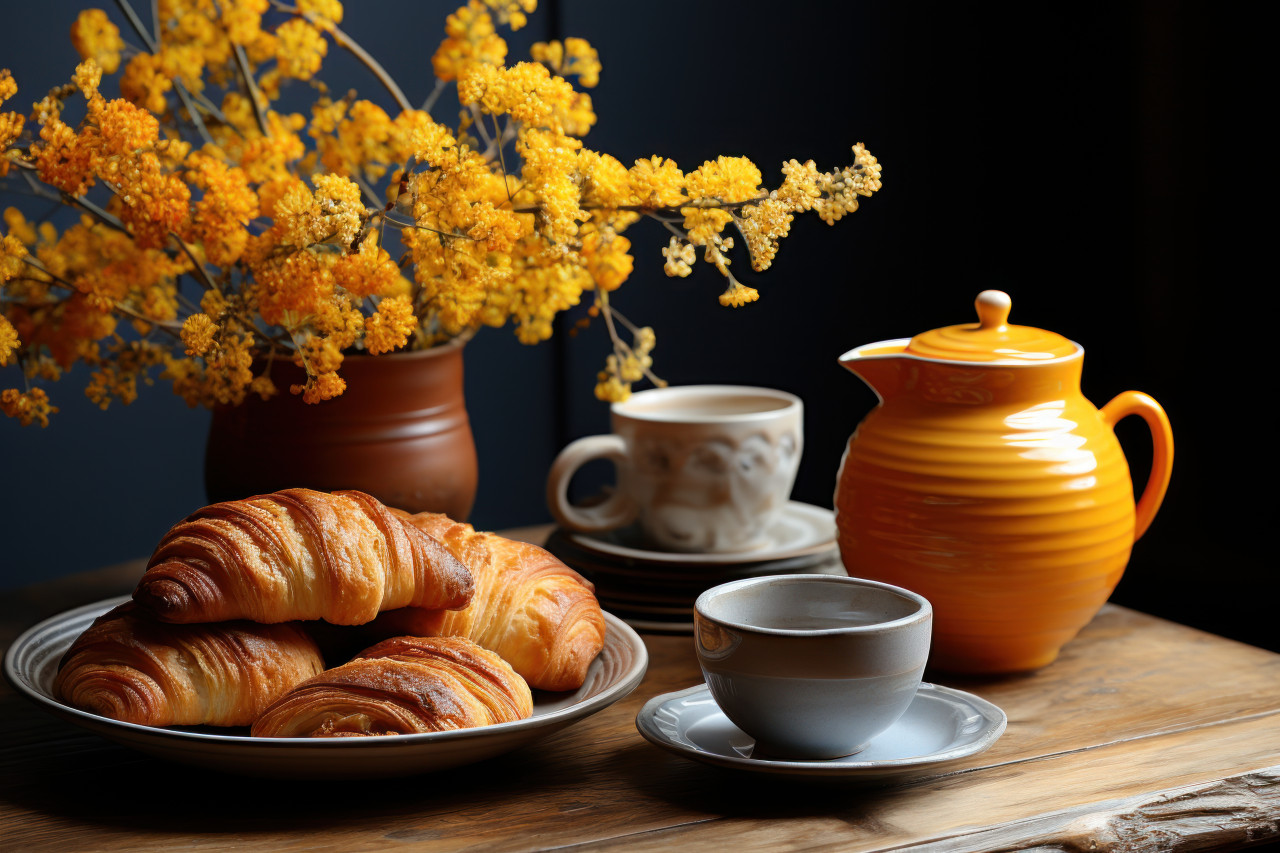A rustic spread with pastries tea and freshly picked blooms