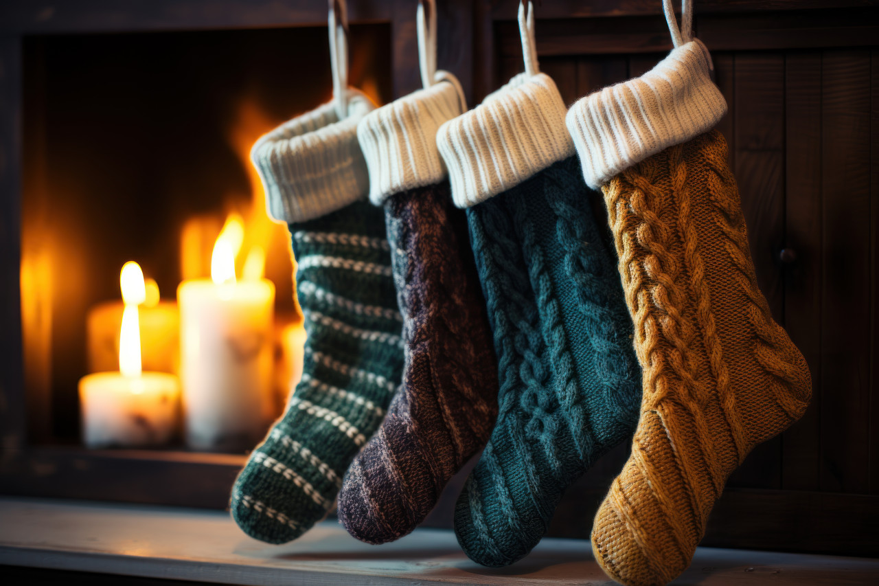 A pair of socks enjoying the fireplace warmth