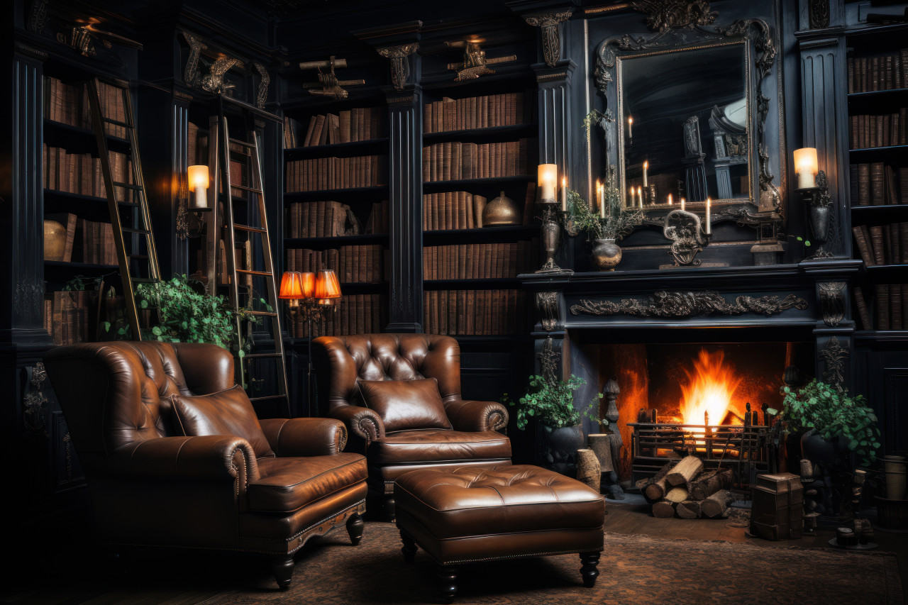 Relaxing library environment featuring comfortable leather armchairs, a fireplace, and a wealth of books